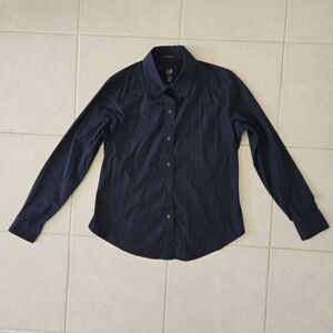 GAP Women's Sz M Stretch Collared Button Up Navy Blue Dress Shirt Long Sleeves